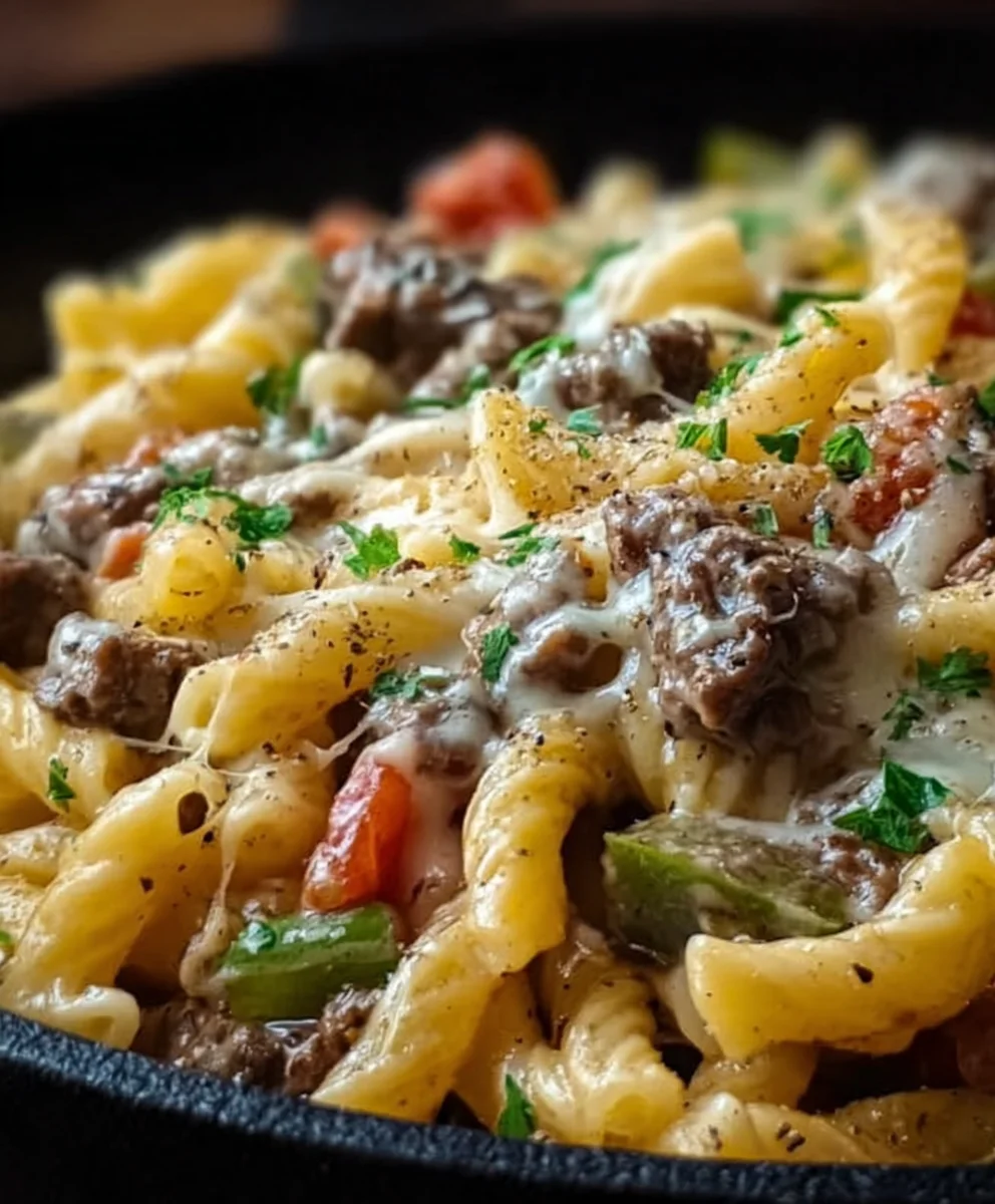 Philly Cheesesteak Pasta-Easy Beef Dinner
