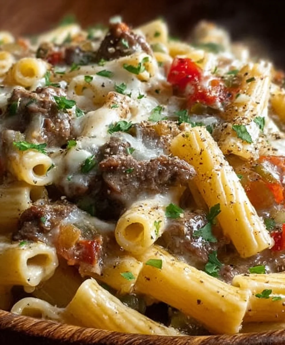 Philly Cheesesteak Pasta-Easy Beef Dinner